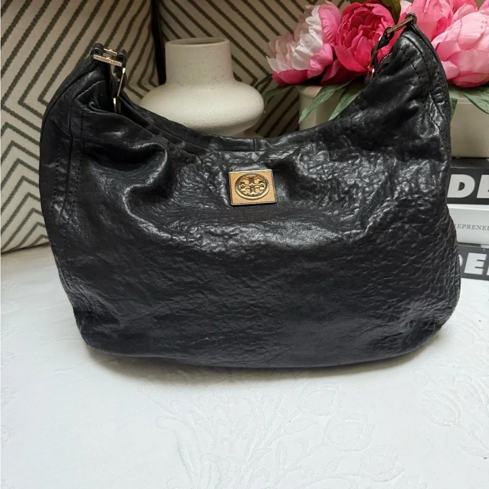 Tory Burch Black Leather Hobo with Gold Chain Detail